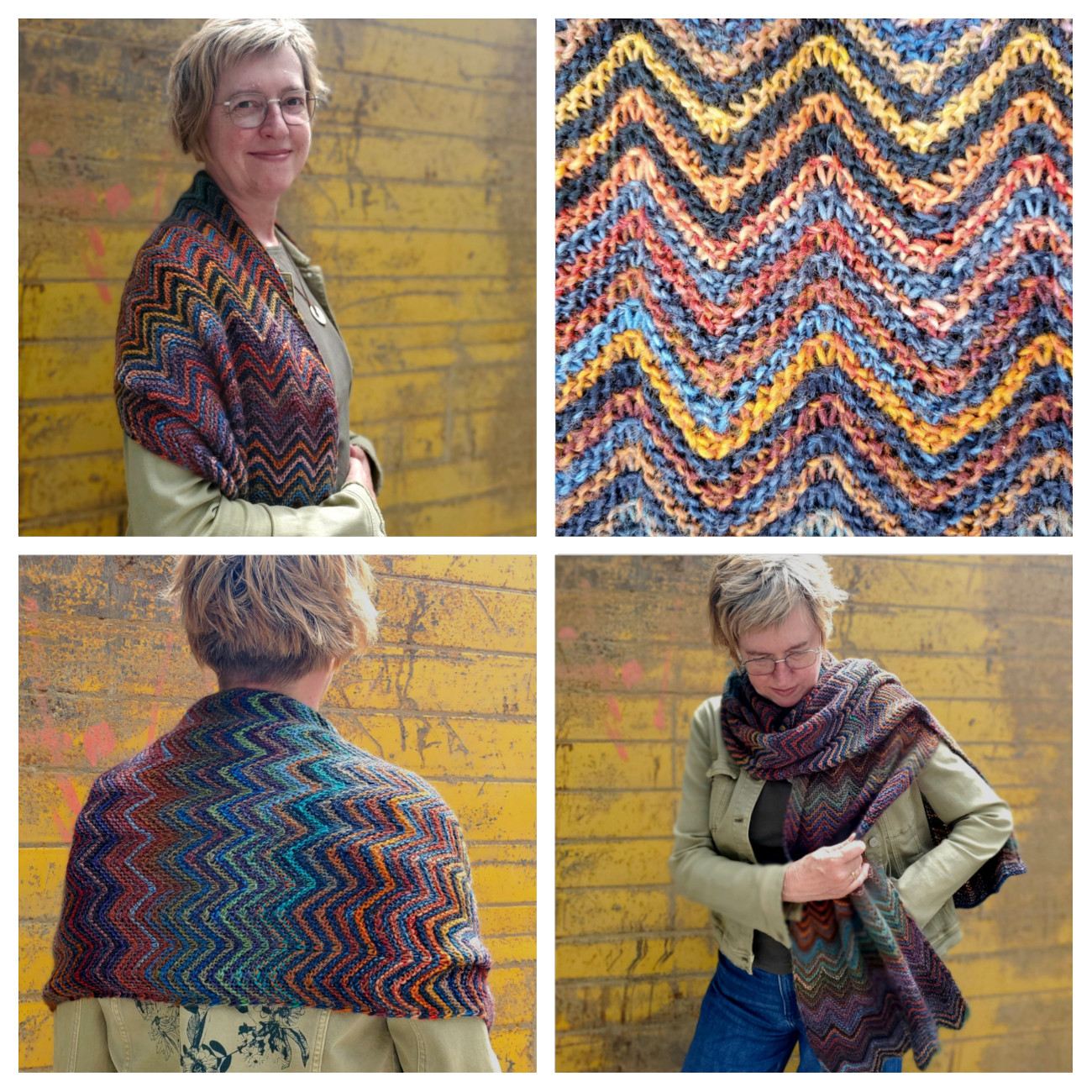 Collage zeigt verschiedene Ansichten einer gestrickten Stola in Zickzackmuster 